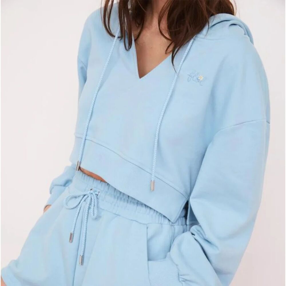 For Love and Lemons Light Blue Harper Cropped Hoodie Size Large